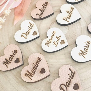 Wooden heart shape place mark customizable with first name wedding label baptism birthday boho nature first name engraved