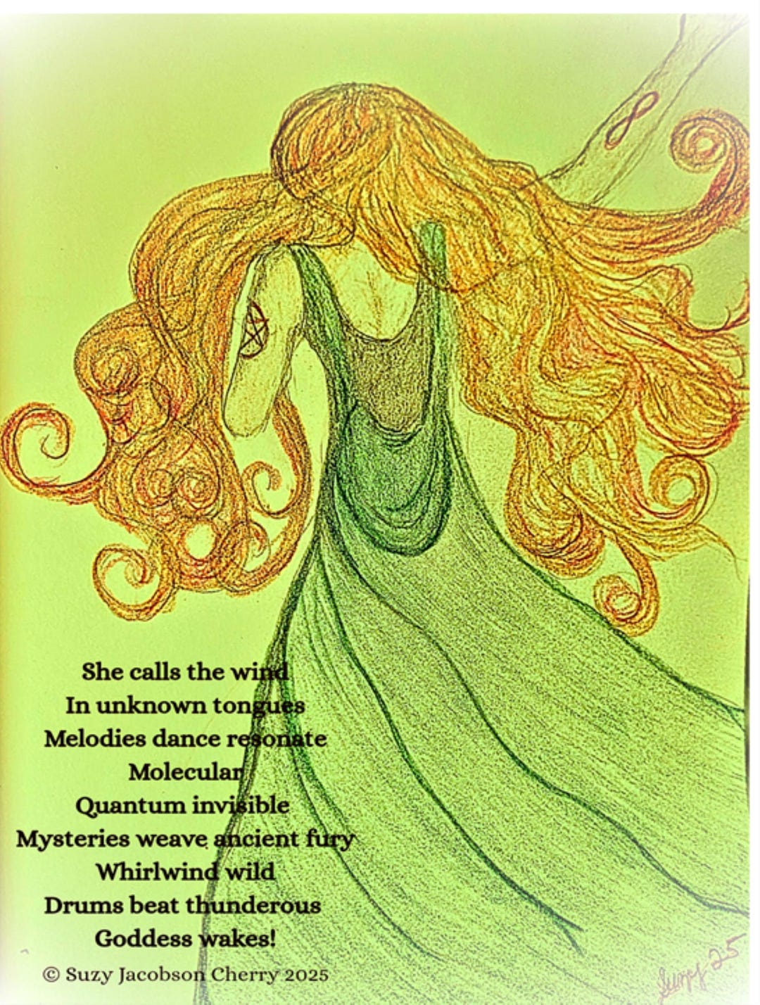 Abstract female figure emerging from handwritten poetic text