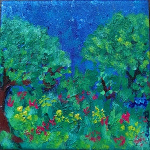 May include: A painting depicting a woodland scene with green trees and a blue sky. The trees are painted in a textured style, and the sky is a light blue with white dots. There are red flowers in the foreground.