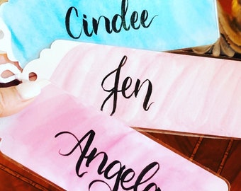 Handmade Watercolor Handlettered Scallop Top Personalized Calligraphy 2”x6”” Bookmark with Ribbon Tassel