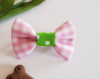 CLEARANCE medium pink gingham bow tie for pooch, pretty female dog clothes, pet parent gift ideas, cute accessory for family pupper