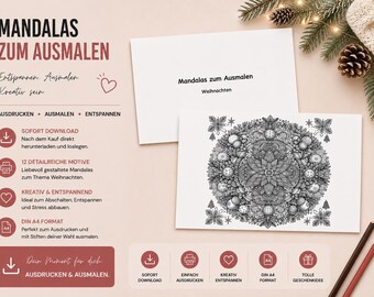 Op de afbeelding: Een digitale downloadset van 12 kleurplaten met kerstthema-mandalas in A4-formaat. De pagina's bevatten gedetailleerde zwart-wit lijntekeningen van kerstversieringen, sneeuwvlokken en bomen. De tekst bevat Mandalas zum Ausmalen.