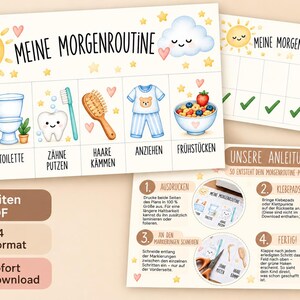 Peut inclure: Un tableau de routine matinale imprimable pour enfants illustrant un lit, des toilettes, une dent, une brosse à cheveux, un pyjama et un bol de petit-déjeuner. Le texte indique MEINE MORGENROUTINE avec des instructions d'assemblage.