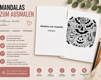 May include: A digital coloring book set featuring Halloween-themed mandalas with pumpkins, bats, and witch hats. The white pages display black line art designs. The text on the pages reads Mandalas zum Ausmalen Halloween. Two colored pencils are visible.