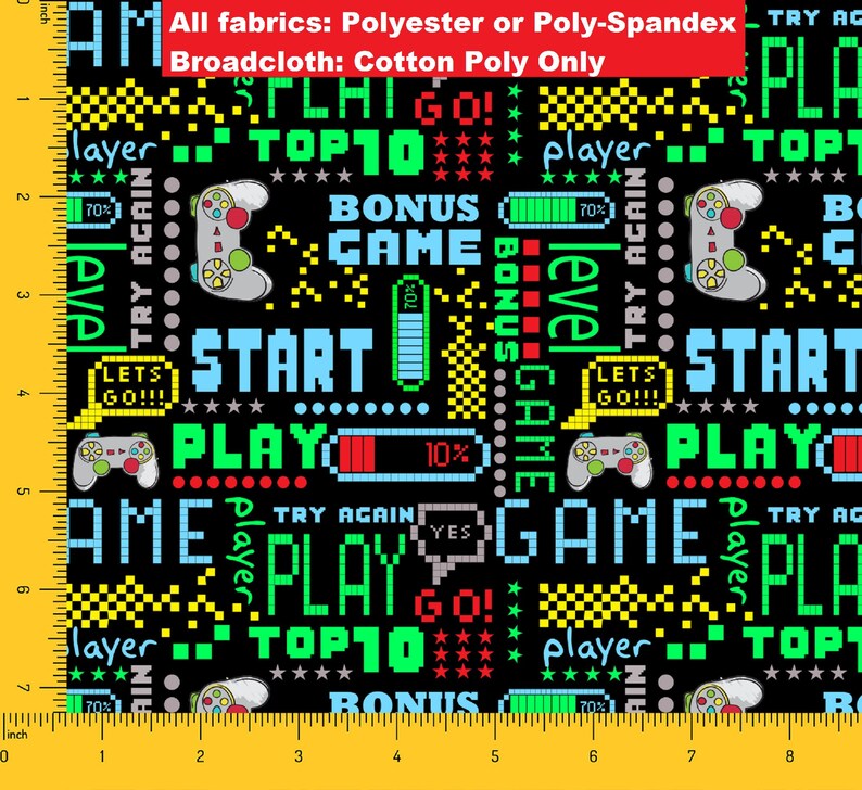 Start PLAY GAME Controller Geometric Video Console Printed Polyester /& Poly-Spandex By the Yard