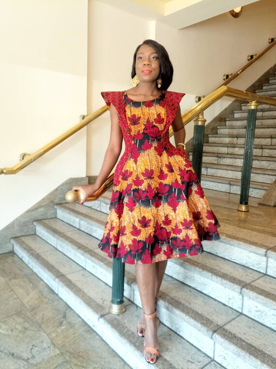 african print fit and flare dresses