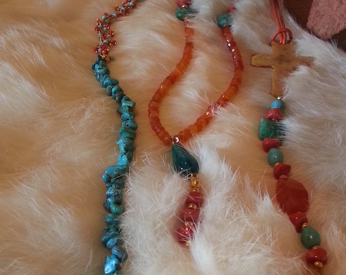 Original Design Santa Fe Style Gemstone and Leather Necklace