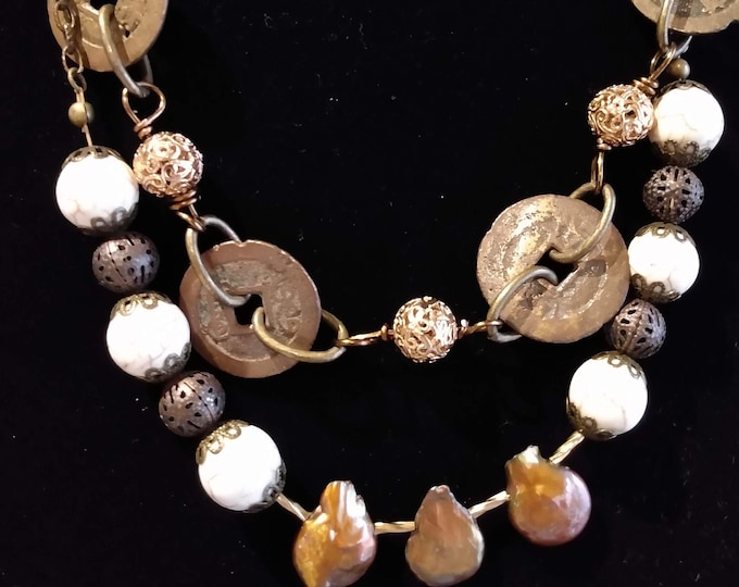 Women's One of a Kind Howlite , Coins, and  Gold Filigree Beaded Necklace Set