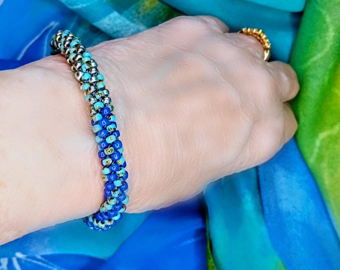 Blue Silver and Green Beaded Cuff