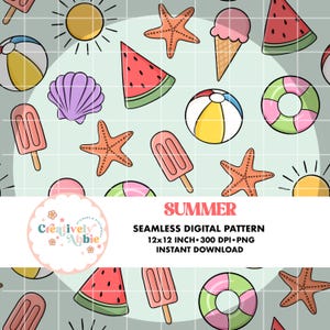 Könnte beinhalten: Ein nahtloses digitales Muster mit sommerlichen Illustrationen. Das Muster enthält Wassermelonenstücke, Eiswaffeln, Strandbälle, Muscheln, Seesterne, Eis am Stiel und Schwimmreifen. Das Muster ist 12x12 Zoll groß und hat 300 DPI. Der Text "SUMMER" befindet sich oben im Bild. Der Text "SEAMLESS DIGITAL PATTERN" befindet sich unter dem Wort "SUMMER". Der Text "12x12 INCH - 300 DPI - PNG" befindet sich unter dem Text "SEAMLESS DIGITAL PATTERN". Der Text "INSTANT DOWNLOAD" befindet sich unter dem Text "12x12 INCH - 300 DPI - PNG".