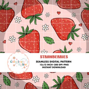 Strawberry Strawberries Berry Fruit Flowers Seamless Pattern Background 300 DPI PNG Repeating Pattern Instant Download Digital Download