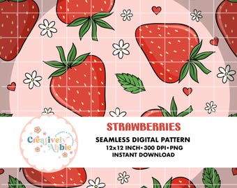 Strawberry Strawberries Berry Fruit Flowers Seamless Pattern Background 300 DPI PNG Repeating Pattern Instant Download Digital Download