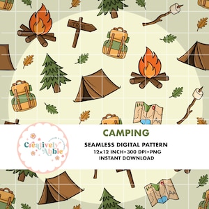 May include: A seamless digital pattern featuring camping icons in a cartoon style. The pattern includes a tent, a backpack, a campfire, a map, a marshmallow on a stick, a pine tree, and a sign that says "TRAIL". The background is a light green color.