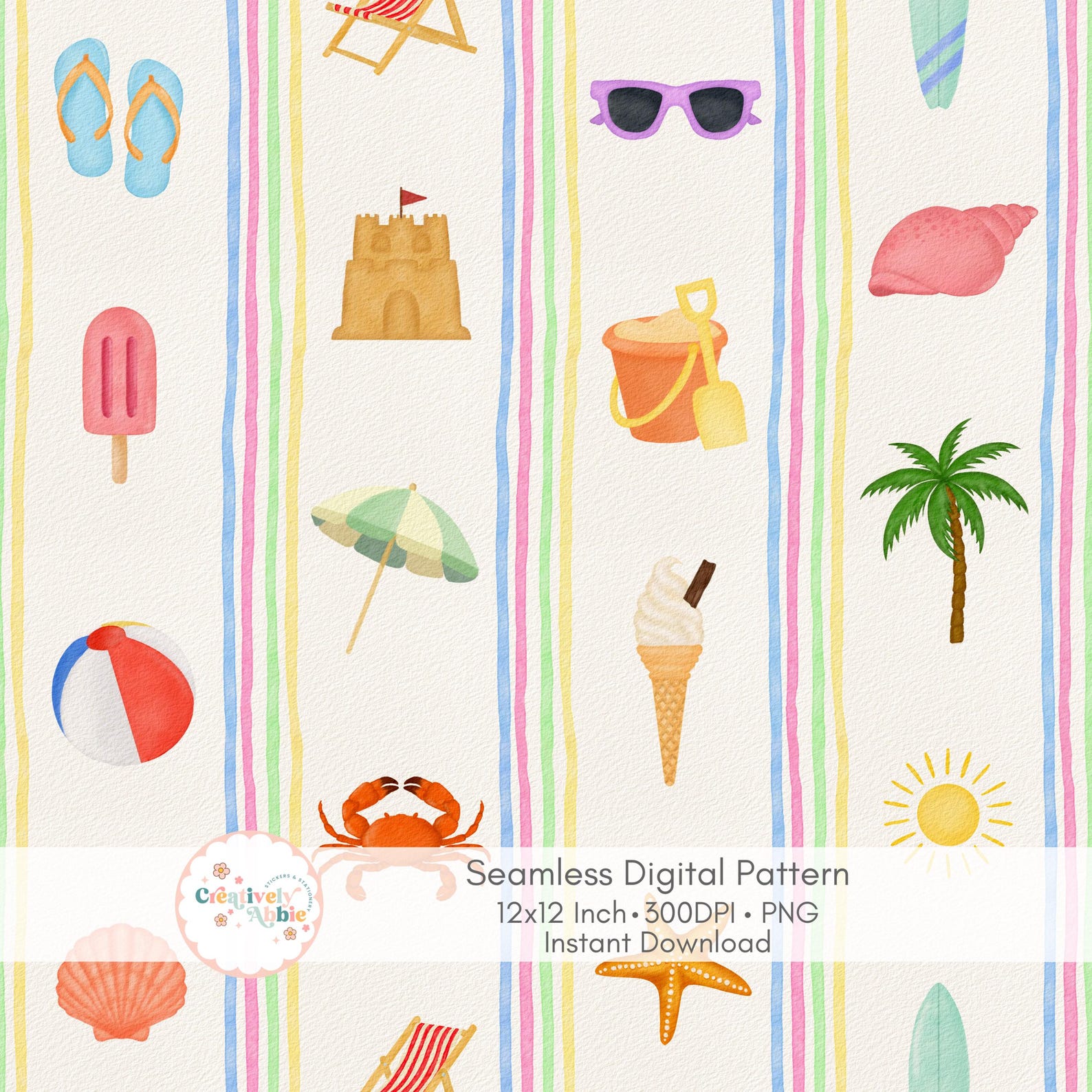 Summer Stripe Beach Digital Seamless Pattern | 12x12” PNG | Cute Ocean ...