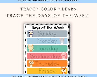Days of the Week Tracing Printable | Homeschool Preschool Worksheet | Handwriting Practice