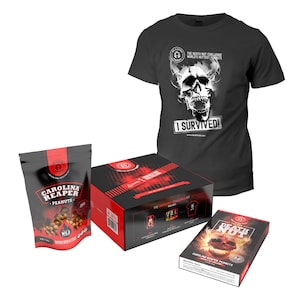 May include: A black t-shirt with a skull graphic and the text "I SURVIVED!". Also, a black bag and box of Carolina Reaper peanuts, and a box of Death Nut Carolina Reaper peanuts.