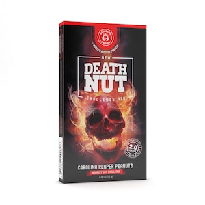 May include: A black and red package of Carolina Reaper Peanuts, labeled "Death Nut Challenge V2.0" with a skull and flames graphic. The package is labeled "World's Hottest Peanuts" and "Insanely Hot Challenge".
