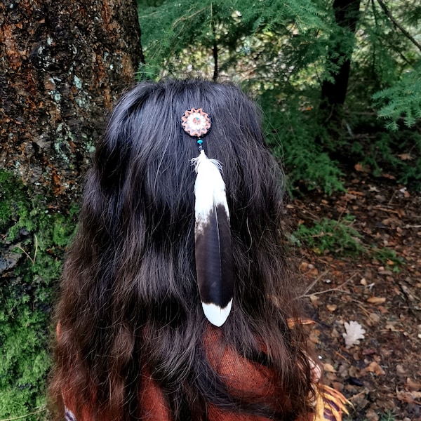Hopi shaman hawk feather clip. Harris hawk, Turquoise bead