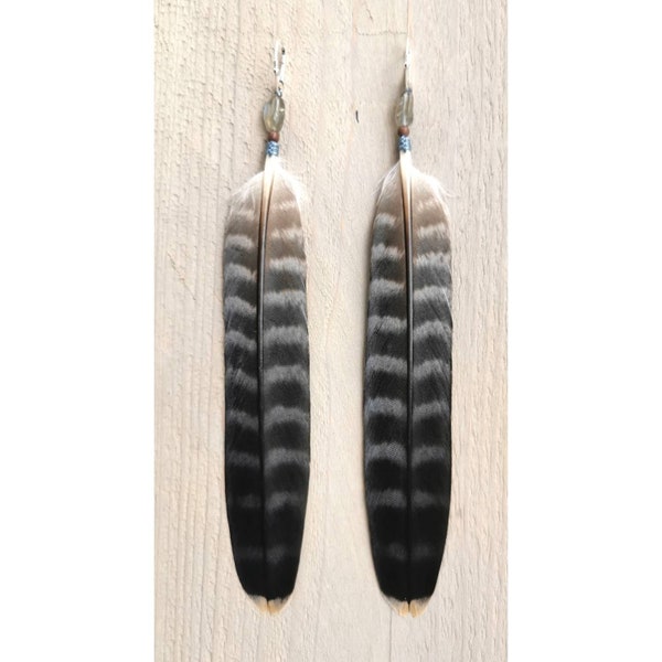 Falcon center tailfeather matched pair earrings. 925 sterling silver ear hooks. labradorite beads