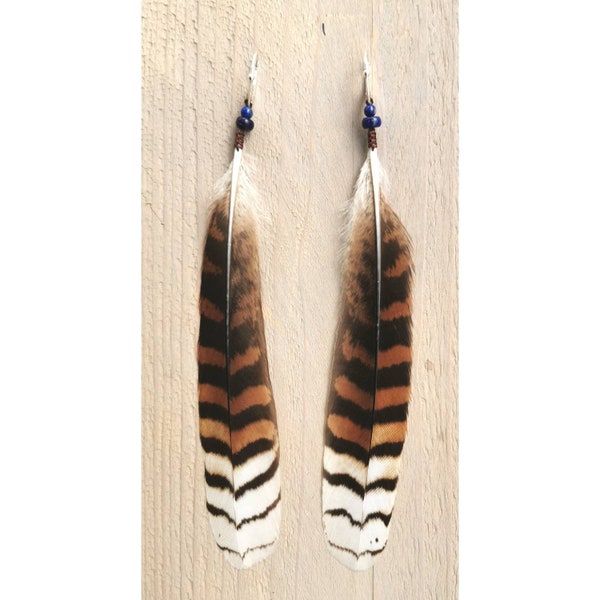 Kookaburra Tailfeather earrings. matched pair. Lapis Lazuli beads, 925 sterling silver earhooks. Ethically sourced feathers from molt.