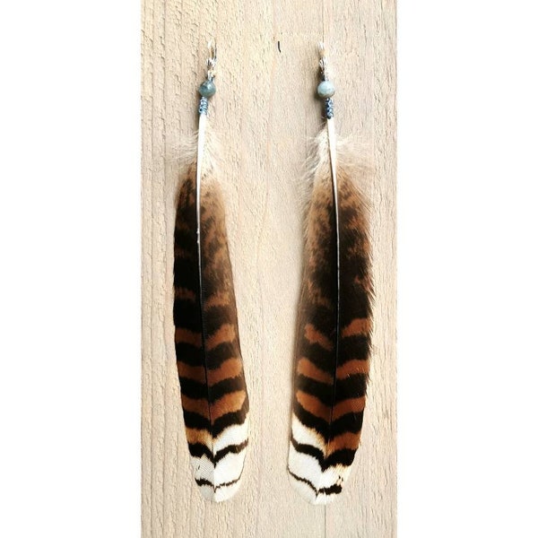 Kookaburra Tailfeather earrings. matched pair. Aquamarine beads, 925 sterling silver seashell earhooks. Ethically sourced feathers.