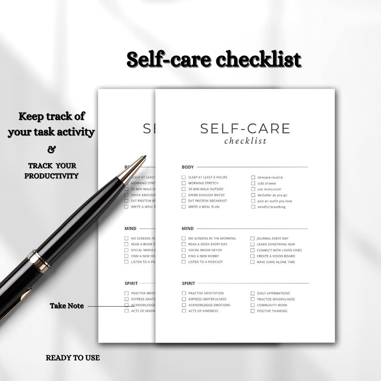 White Self-care Checklist, Minimalist Aesthetic Planner, Daily Routine
