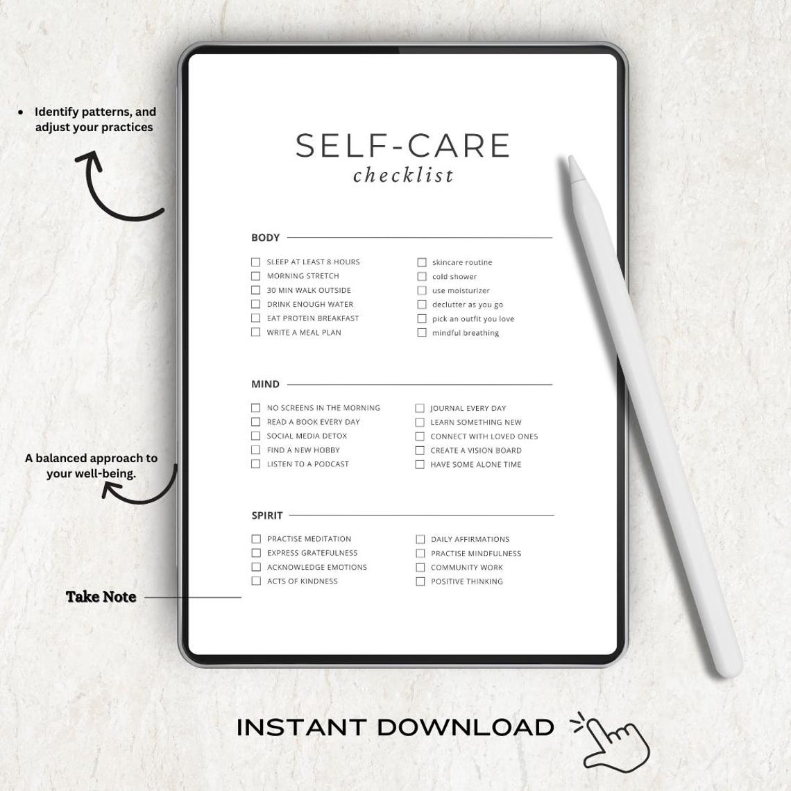 White Self-care Checklist, Minimalist Aesthetic Planner, Daily Routine