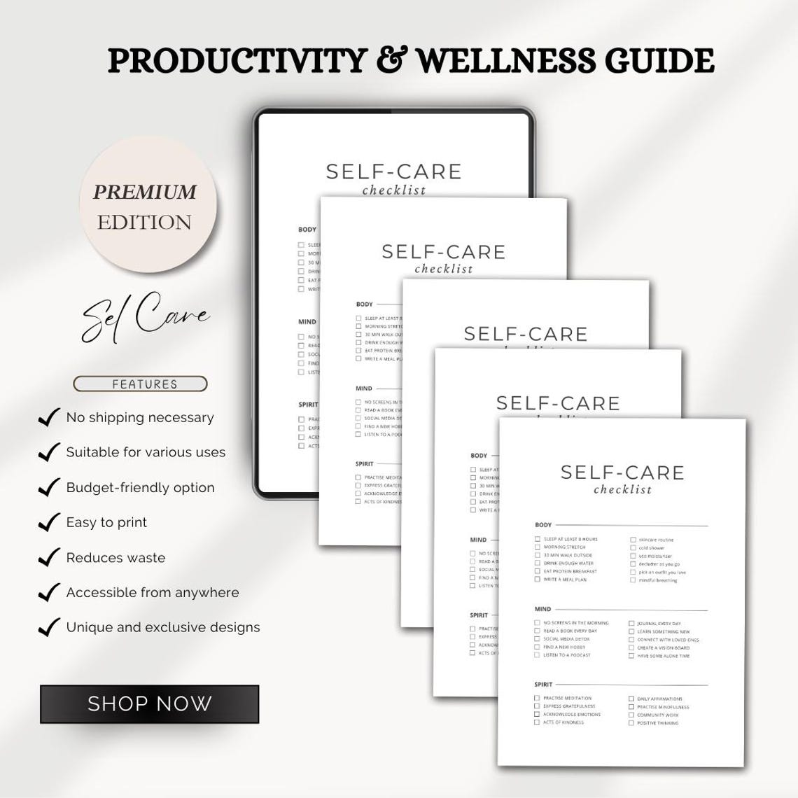 White Self-care Checklist, Minimalist Aesthetic Planner, Daily Routine