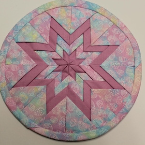 Pastel Easter Eggs Folded Star Quilted Hot Pad, Table Topper, Pot Holder, Amish Star, Spring Home Decor