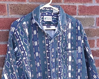 Jahrgang 1990 weiches Nordwest-Territorium Südwesten Azteken gemustertes Button-Down-Shirt XL