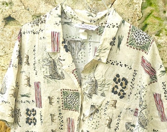 Vintage Women's 1990's Safari Tiger Nature Printed Blouse Shirt / XL