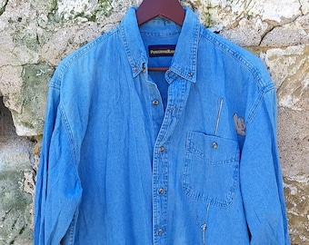 Vintage 1990's Faded Denim Hunting Fishing Outdoor Embroidered Shirt / M to L Button Down