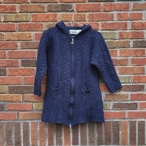 Vintage Aran Craft Cable Hand Knit Wool Cardigan Hooded Long Sweater / Women&#39;s M to L