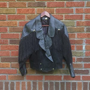 Vintage 1980&#39;s to 1990&#39;s Black Leather Fringe Western Motorcycle Women&#39;s Jacket / L