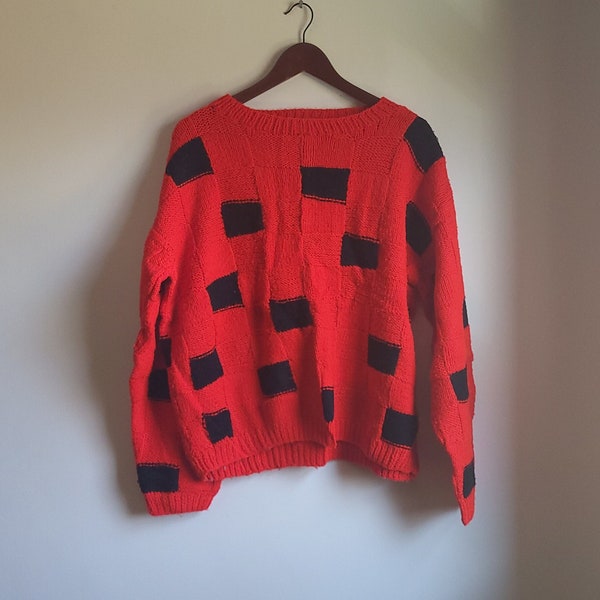 Vintage 1980's to 1990's Red Pullover Knit Patchwork Sweater / L to XL