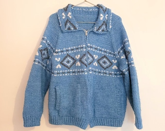 Vintage 1970er Jahre Hand gestrickte Wolle Cowichan Schal Cardigan Pullover / M bis L / Urlaub