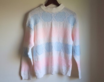 Vintage 1970's Crewneck Patterned Pullover Floral Knit Sweater / M to L