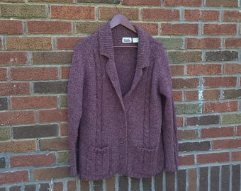Vintage 1990's Wool Blend Cable Knit Shawl Cowichan Cardigan Sweater / M to L