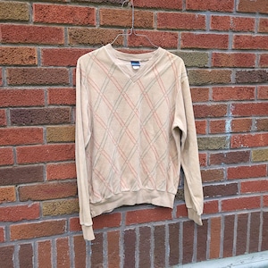 Vintage 1970&#39;s to 1980&#39;s Velour Patterned Preppy V-Neck Sweater / Men&#39;s XS / Women&#39;s M