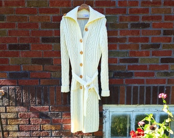 Vintage 1970's Knit Long Acrylic Cardigan Sweater Jacket / Women's M to L / Cable Knit
