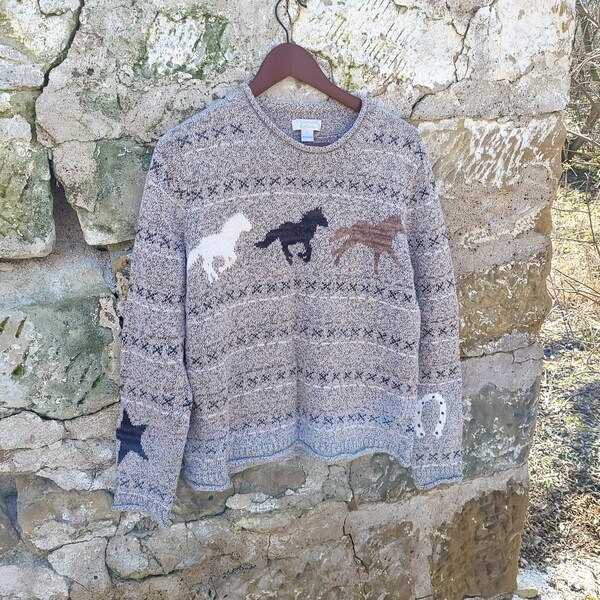 Vintage 1990's Christopher Banks Knit Pullover Sweater / Horses / Large