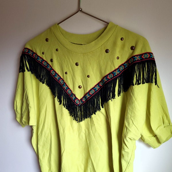 Vintage 1990's Western Beaded / Fringe T-Shirt /