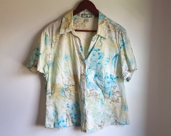 Vintage 1990's/Y2K Carribean Joe Floral Thin Soft Blouse / Button Front / L to XL