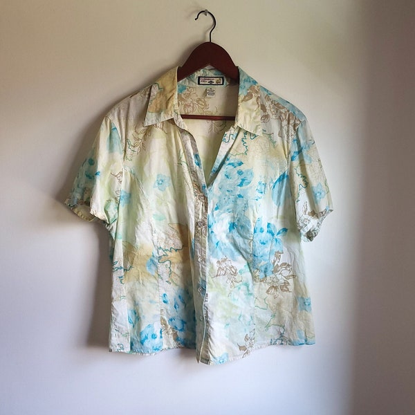 Vintage 1990's / Y2K Carribean Joe Floral Dünne Weiche Bluse / Knopfleiste / L bis XL