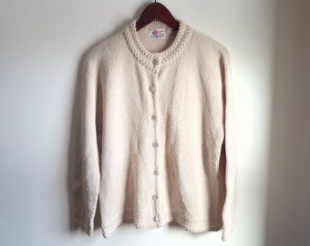 Pull cardigan en acrylique en tricot vintage des années 1960 à 1970 / M à L ivoire / crème