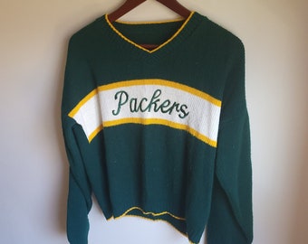 Vintage 1970's Style Green Bay Packers Knit V-Neck Sweater / M to L