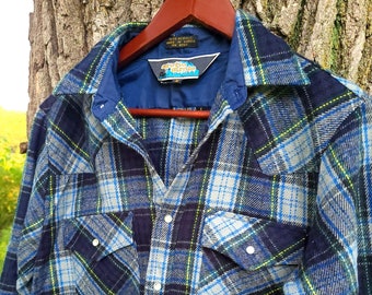Vintage 1970's Blau kariertes Acryl Jagd Flanellhemd / Medium
