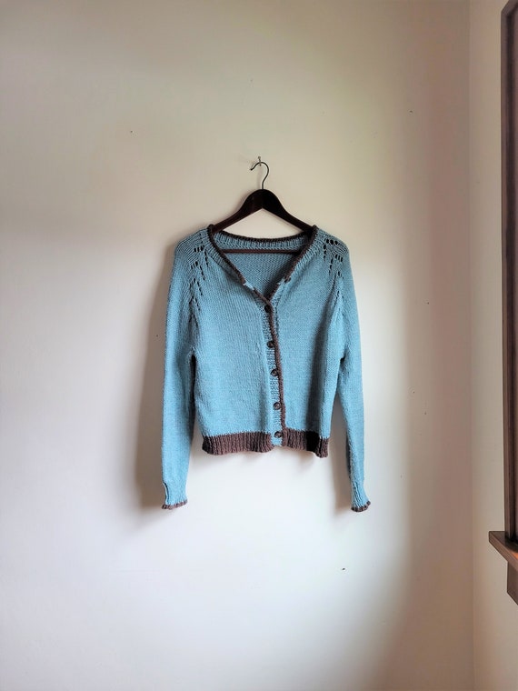 Vintage 1970's Blue Hand Knit Cardigan Sweater / … - image 1