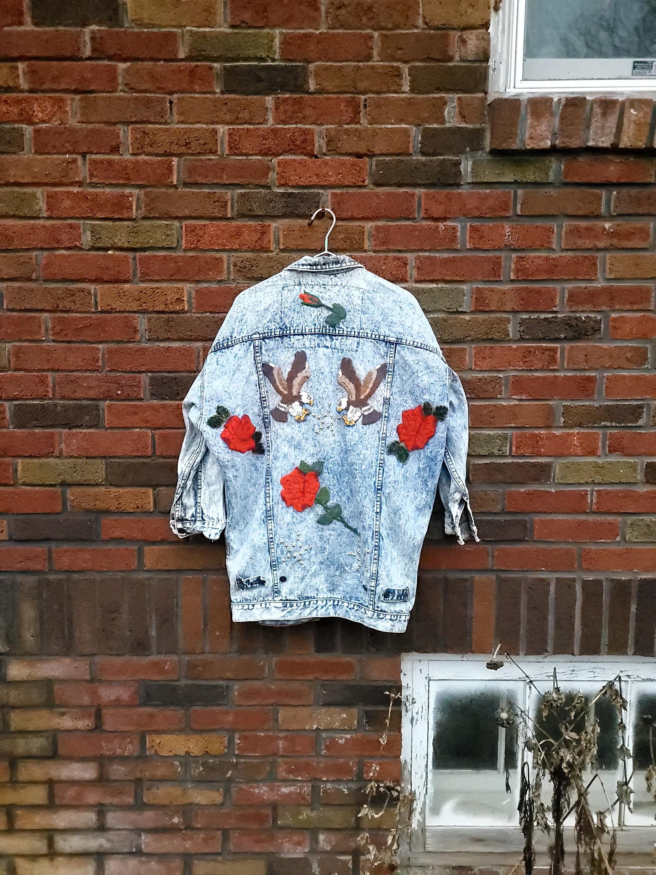 Vintage 1990's Denim Jean Jordache Floral Eagle Embroidered Jacket