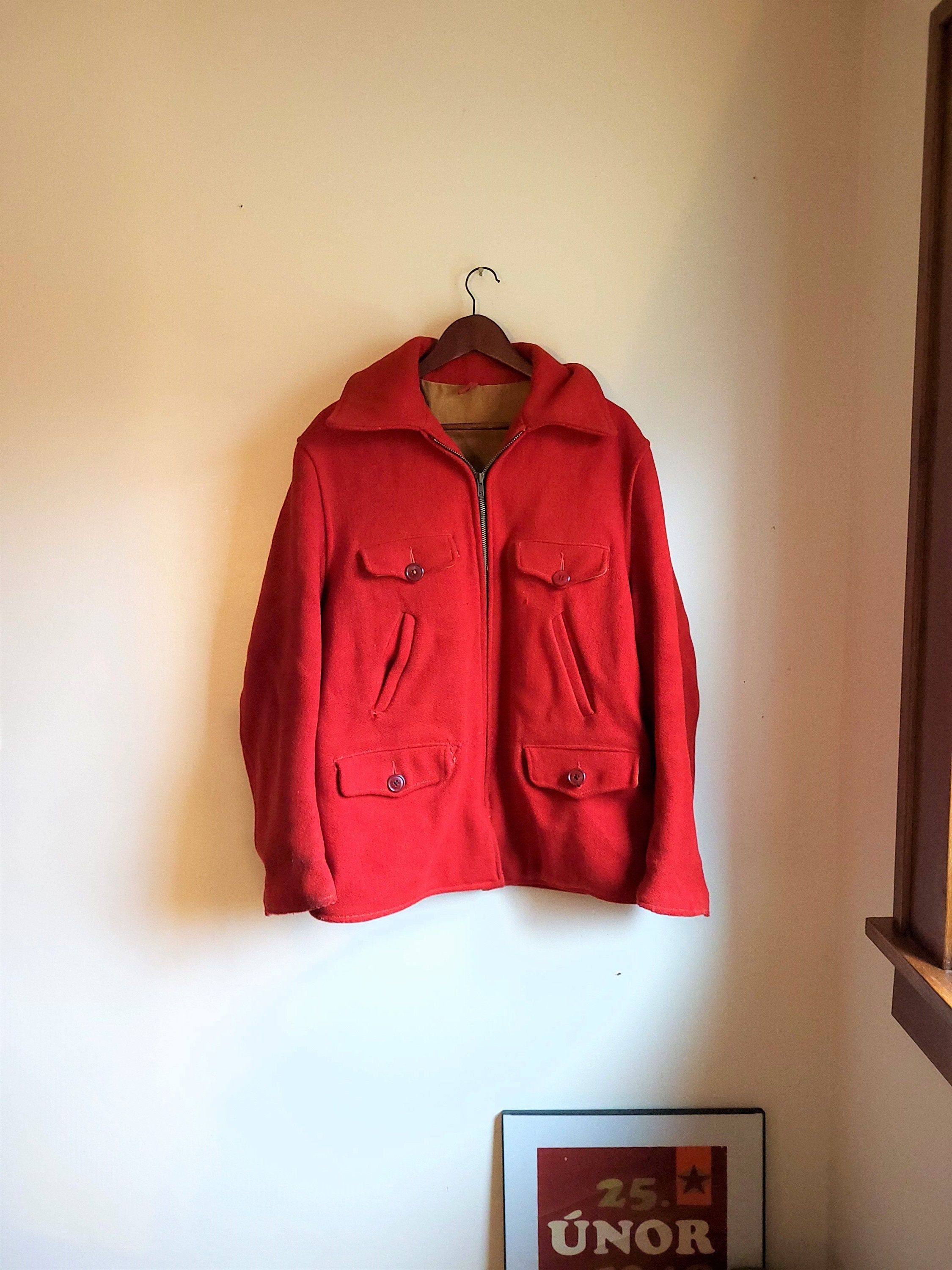 Vintage 1960's North Country Wool Red Mackinaw Cruiser Jacket / M to L / Distressed